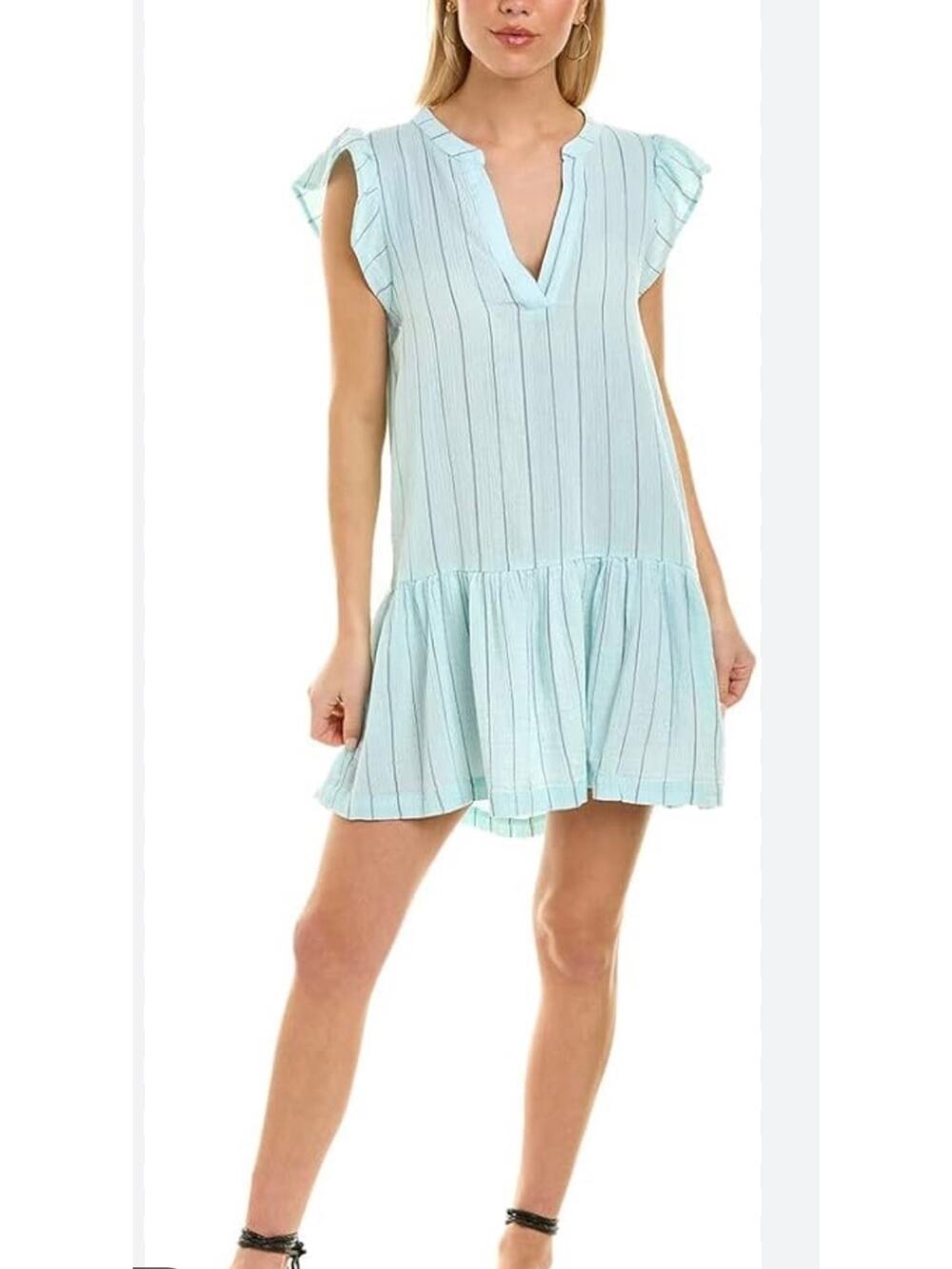 NWT Monrow Pinstripe Gauze Easy Ruffle Dress, Seafoam, Large